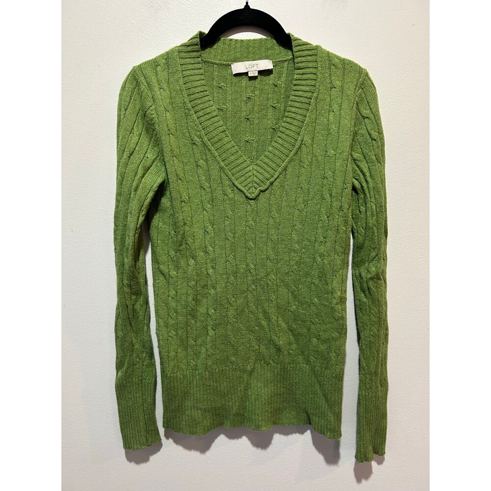 Loft y2k green cableknit sweater womens S cotton wool blend v neck 90s